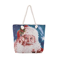 Christmas Floral Pattern Jute Tote Bag With Zipped Pockets & Handle Drop - White & Red