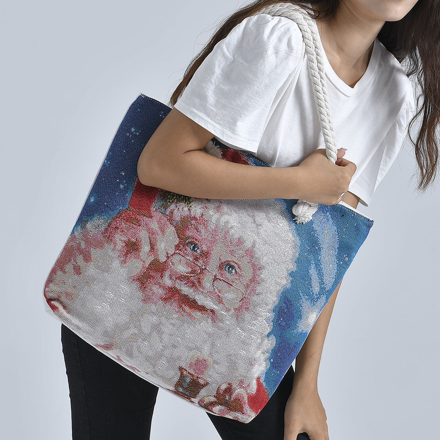 Santa Claus Pattern Jute Tote Bag With Zipped Pockets & Handle Drop - Blue & White