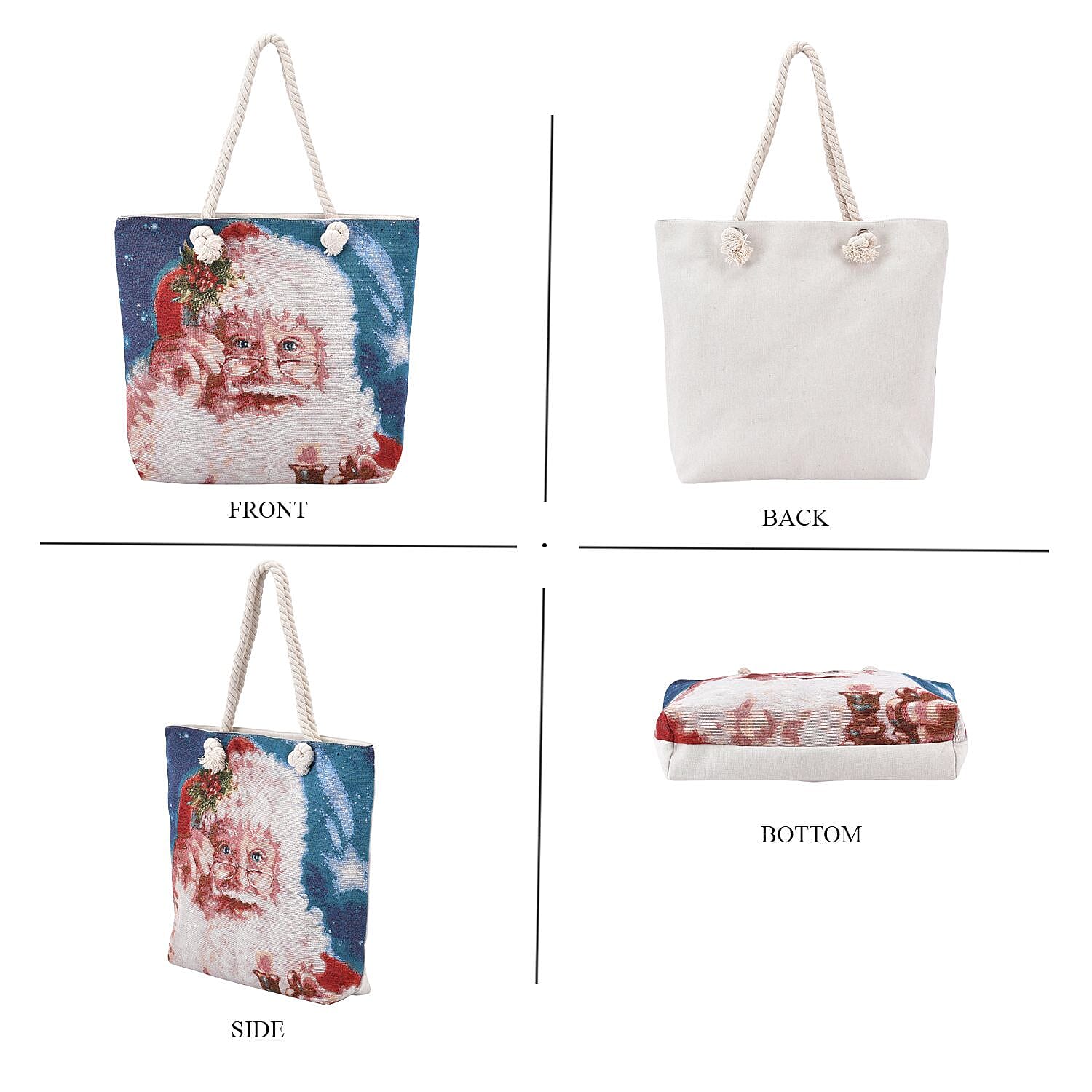 Santa Claus Pattern Jute Tote Bag With Zipped Pockets & Handle Drop - Blue & White