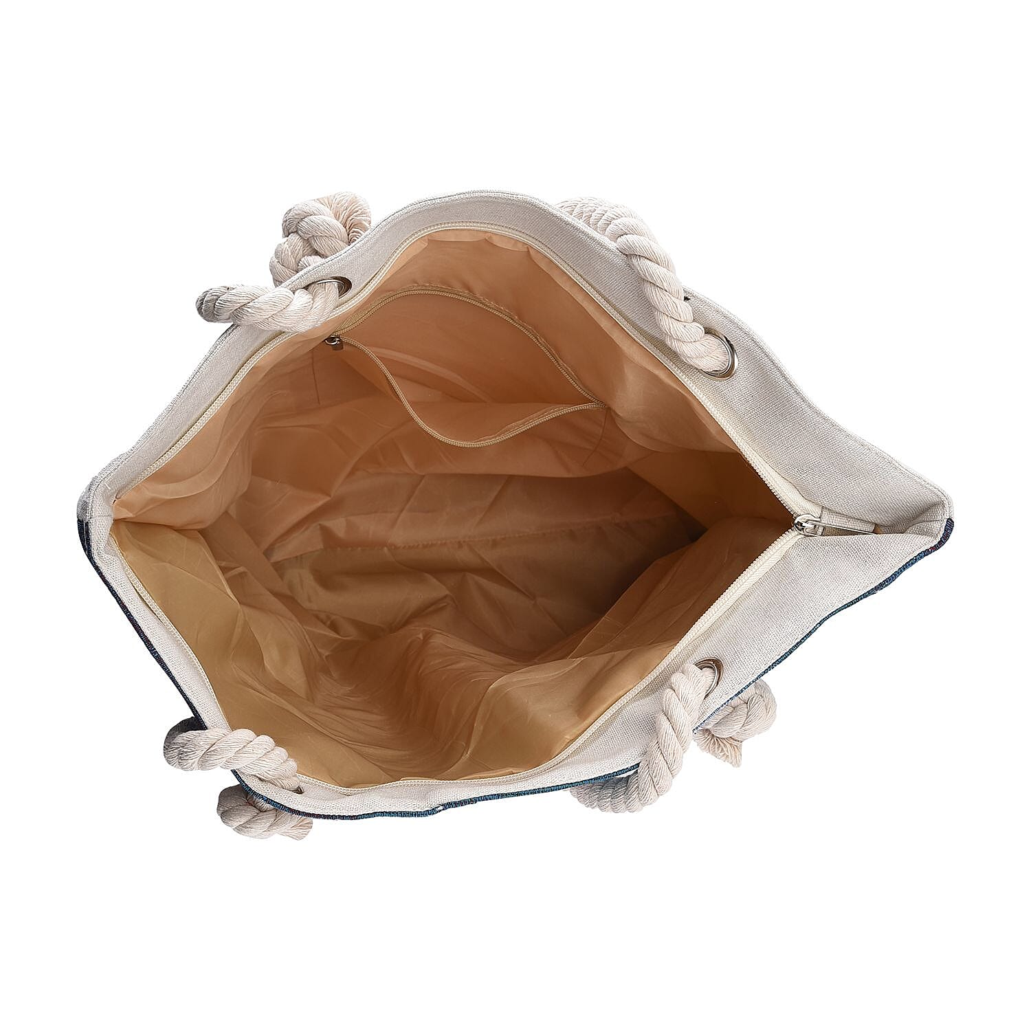 Santa Claus Pattern Jute Tote Bag With Zipped Pockets & Handle Drop - Blue & White