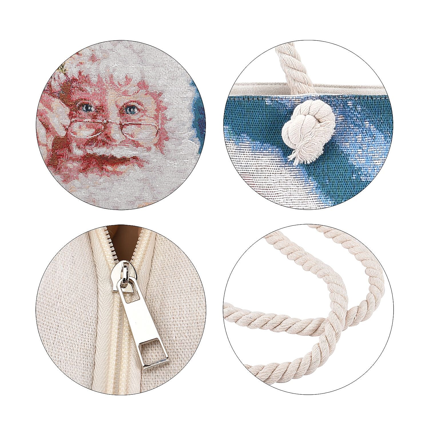 Santa Claus Pattern Jute Tote Bag With Zipped Pockets & Handle Drop - Blue & White