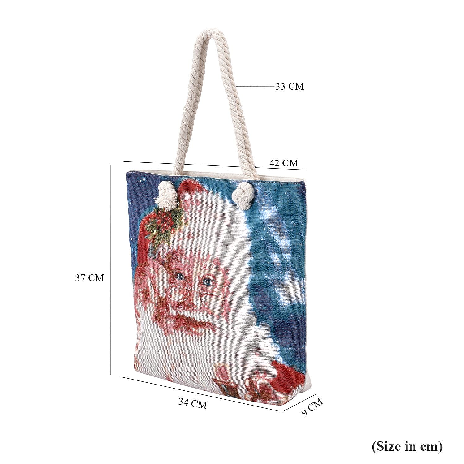 Santa Claus Pattern Jute Tote Bag With Zipped Pockets & Handle Drop - Blue & White