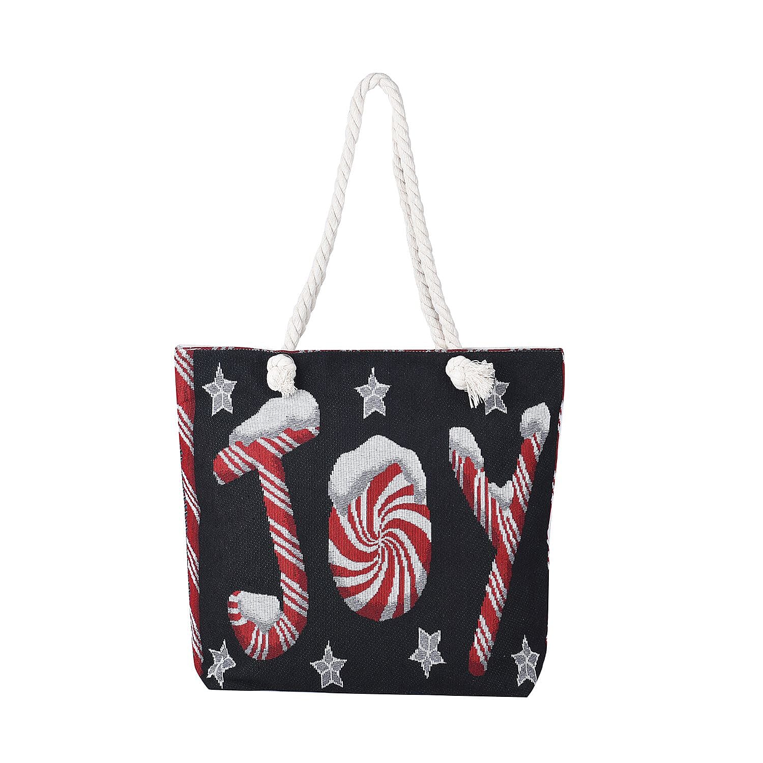 JOY Pattern Jute Tote Bag With Zipped Pockets & Handle Drop - Black