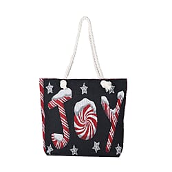 Christmas Floral Pattern Jute Tote Bag With Zipped Pockets & Handle Drop - White & Red