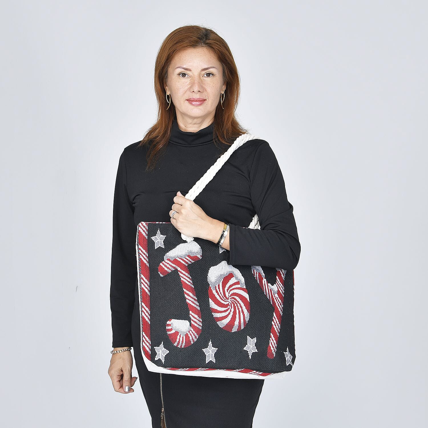 JOY Pattern Jute Tote Bag With Zipped Pockets & Handle Drop - Black