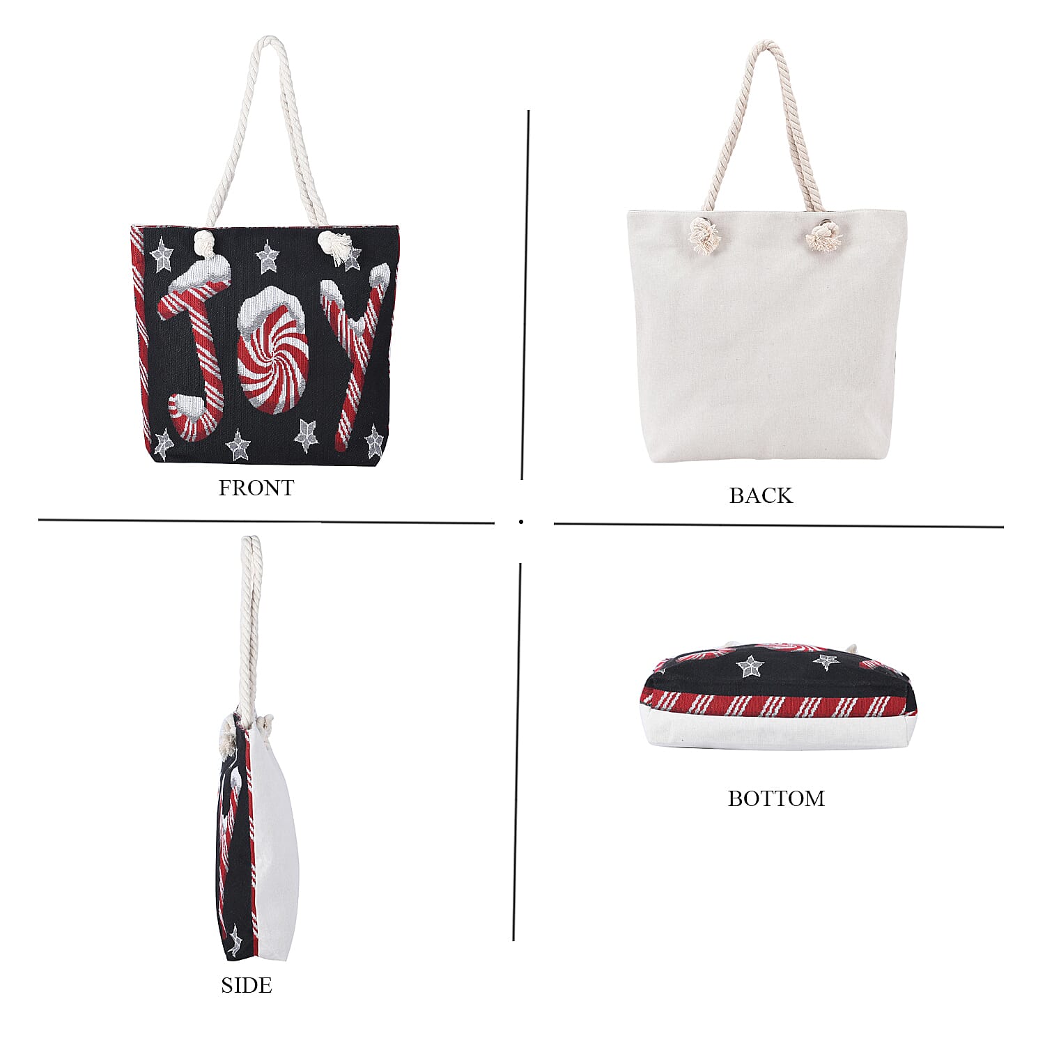 JOY Pattern Jute Tote Bag With Zipped Pockets & Handle Drop - Black