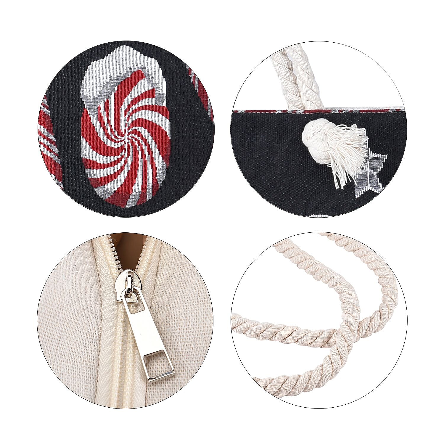 JOY Pattern Jute Tote Bag With Zipped Pockets & Handle Drop - Black