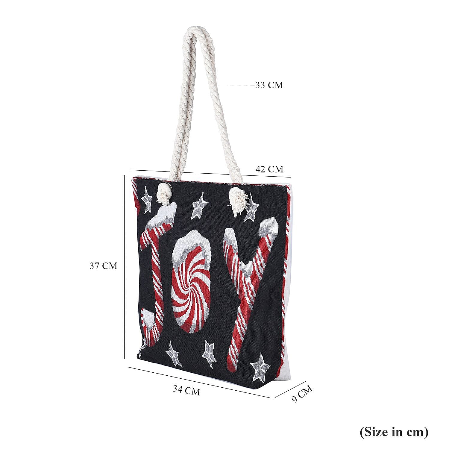 JOY Pattern Jute Tote Bag With Zipped Pockets & Handle Drop - Black