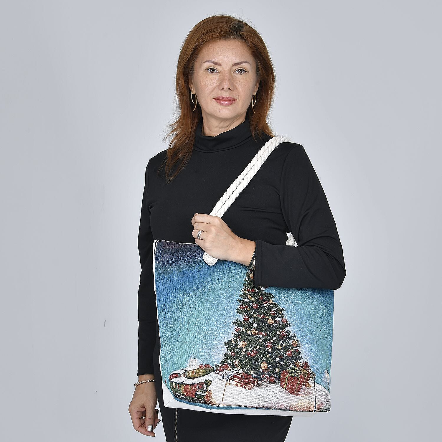 Christmas Tree Pattern Jute Tote Bag With Zipped Pockets & Handle Drop - Blue & Multi