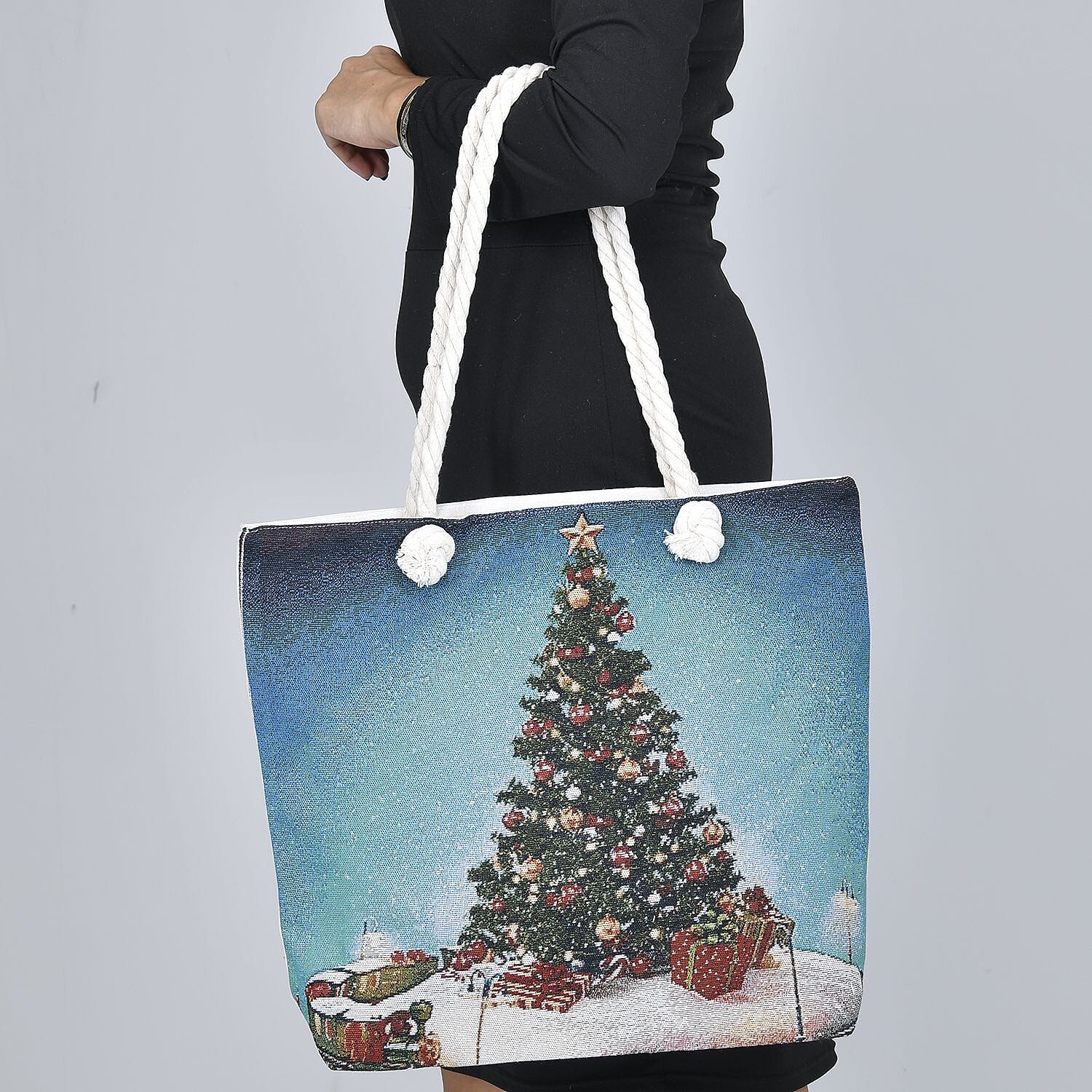 Christmas Tree Pattern Jute Tote Bag With Zipped Pockets & Handle Drop - Blue & Multi