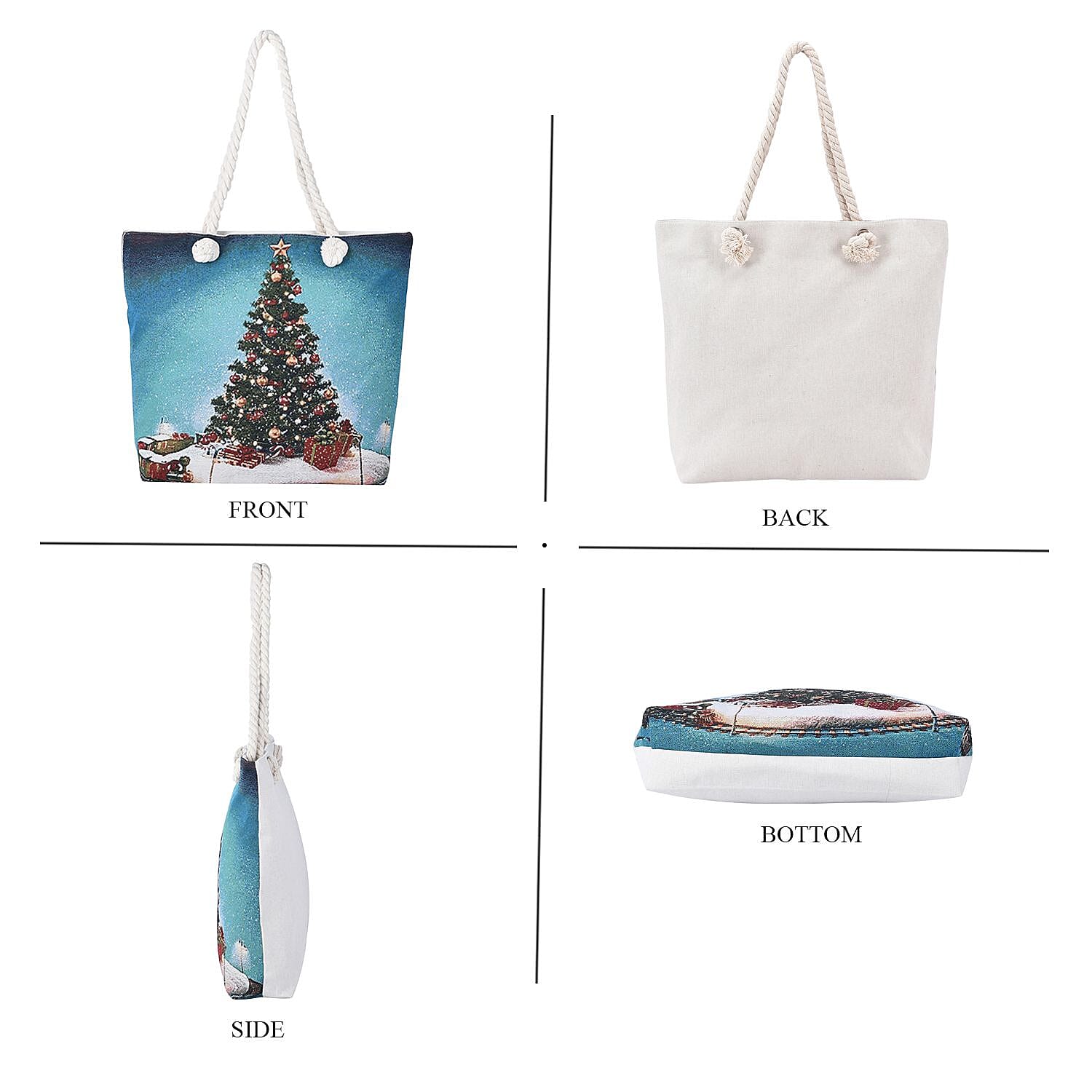 Christmas Tree Pattern Jute Tote Bag With Zipped Pockets & Handle Drop - Blue & Multi