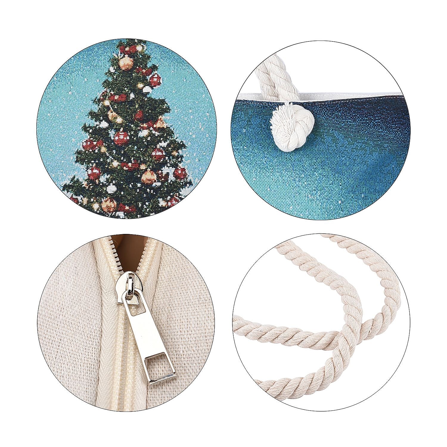 Christmas Tree Pattern Jute Tote Bag With Zipped Pockets & Handle Drop - Blue & Multi