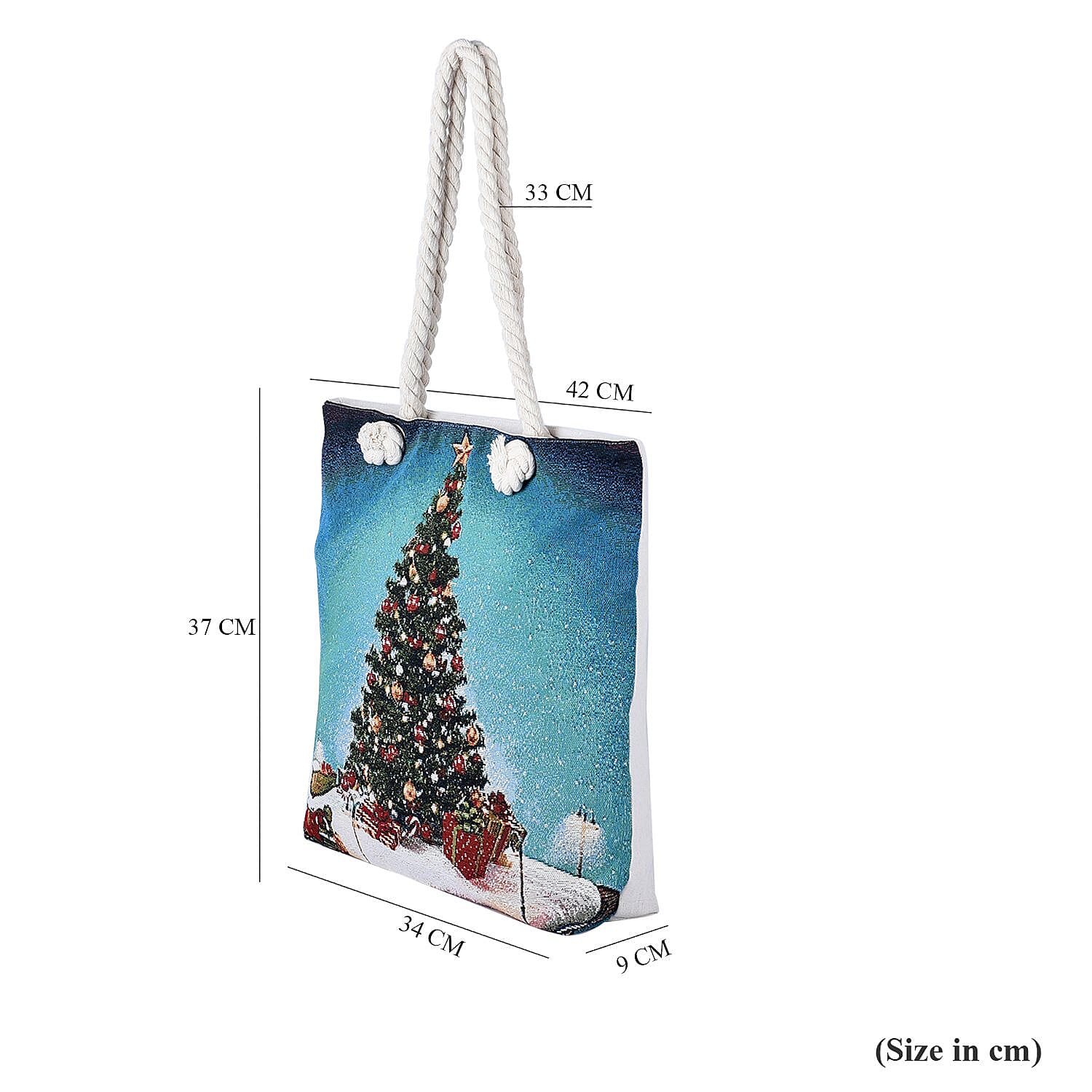 Christmas Tree Pattern Jute Tote Bag With Zipped Pockets & Handle Drop - Blue & Multi