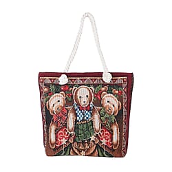 Christmas Floral Pattern Jute Tote Bag With Zipped Pockets & Handle Drop - White & Red