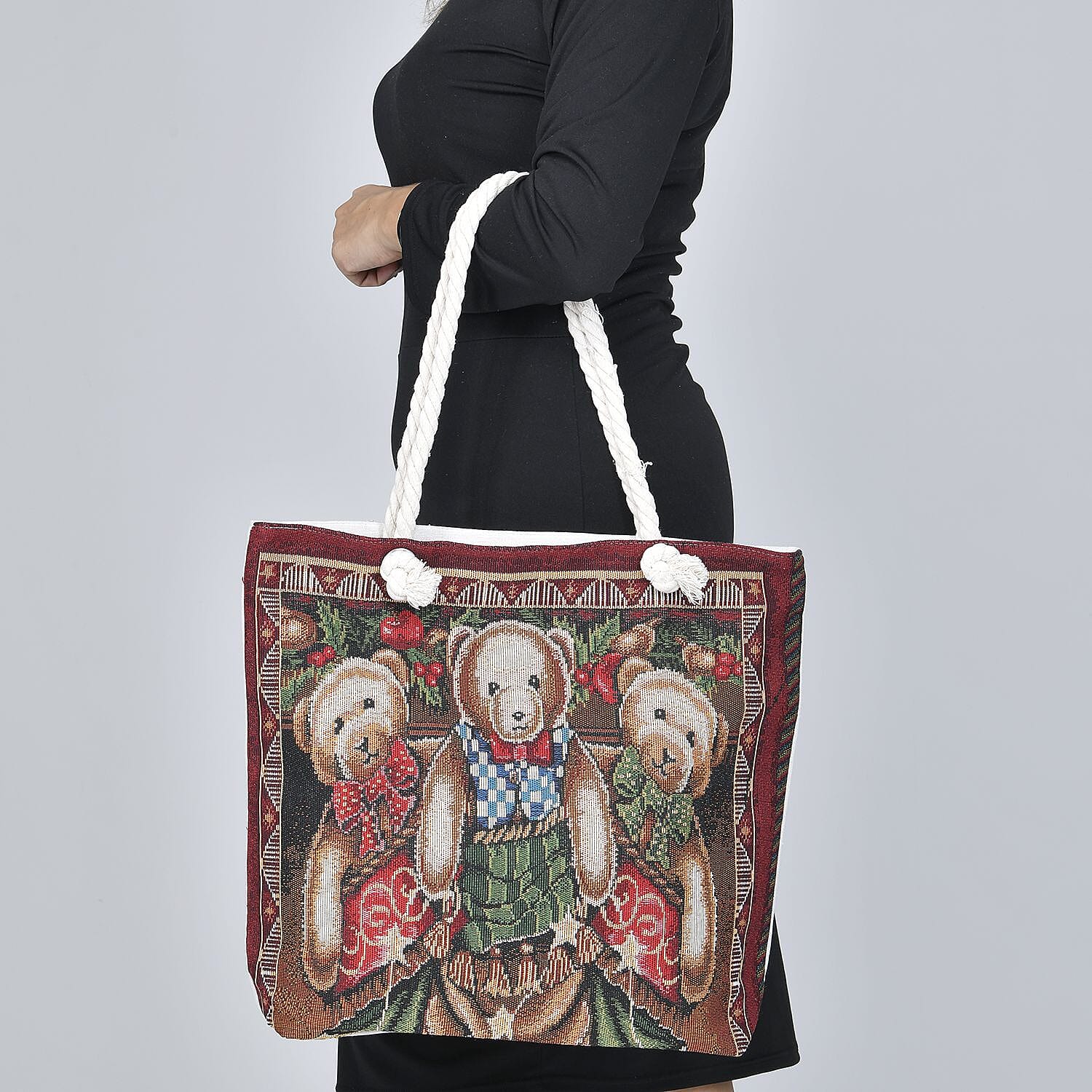 3 Bears Pattern Jute Tote Bag With Zipped Pockets & Handle Drop - Brown