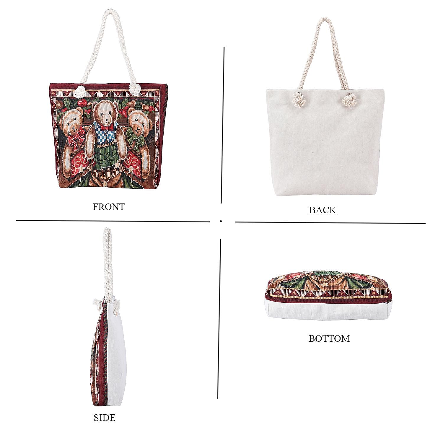 3 Bears Pattern Jute Tote Bag With Zipped Pockets & Handle Drop - Brown