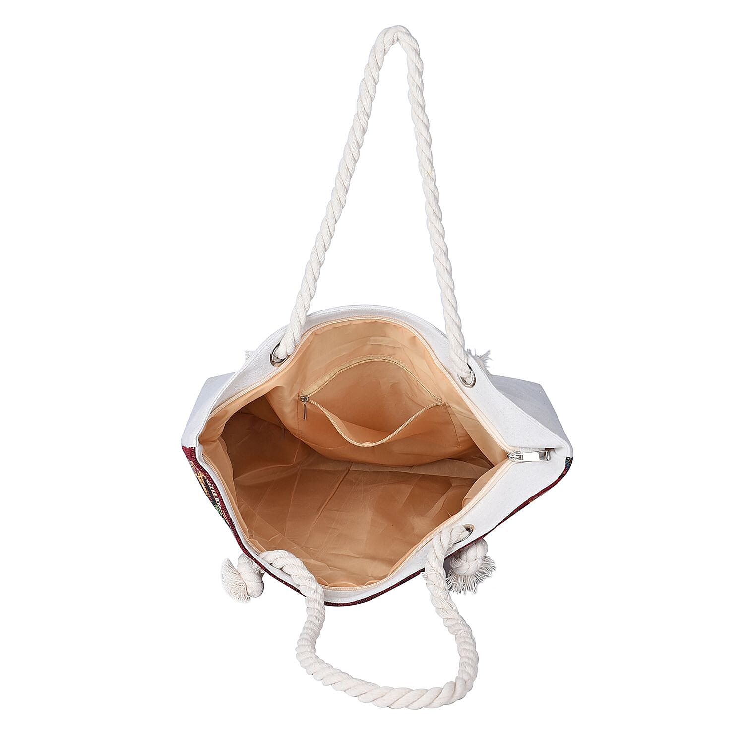 3 Bears Pattern Jute Tote Bag With Zipped Pockets & Handle Drop - Brown