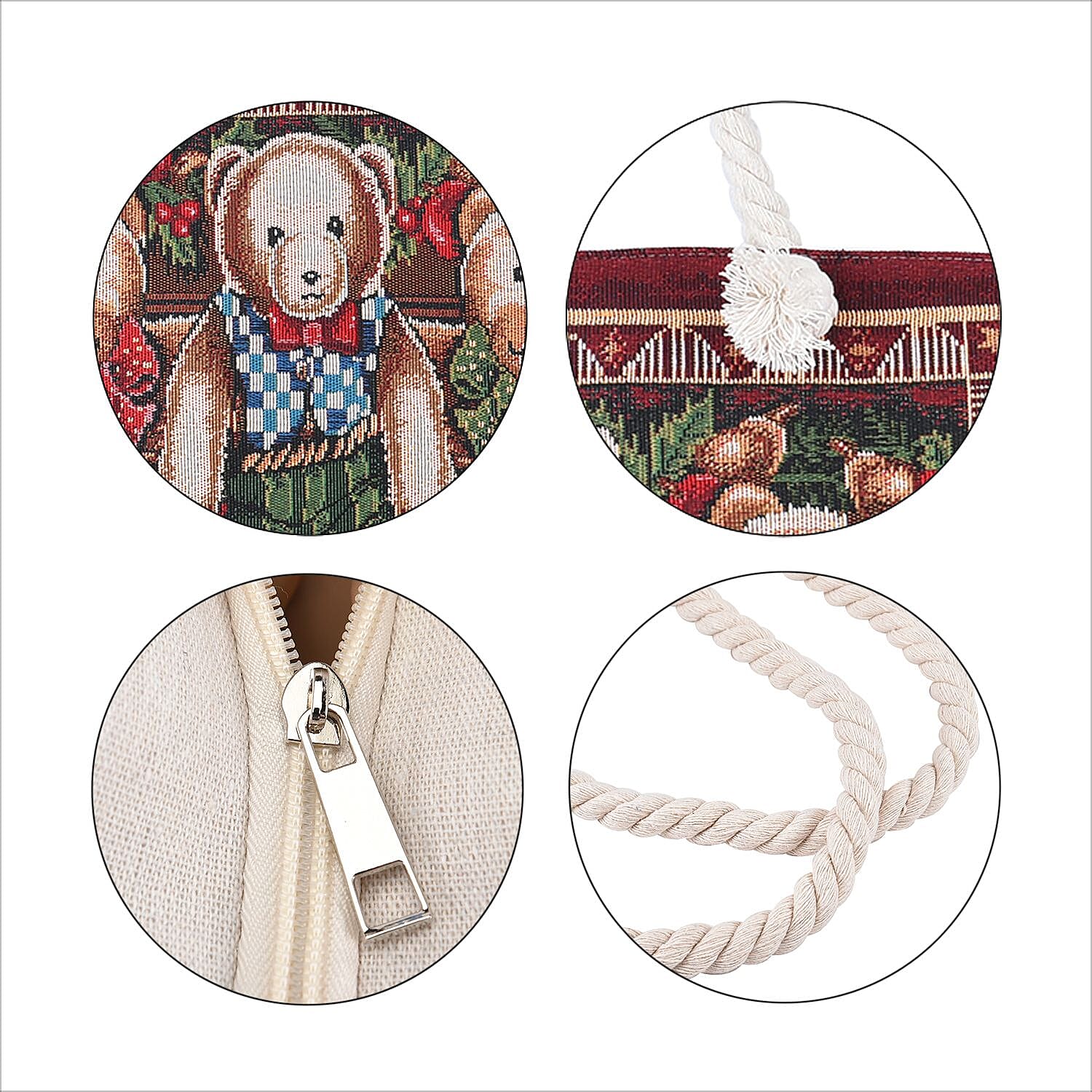 3 Bears Pattern Jute Tote Bag With Zipped Pockets & Handle Drop - Brown