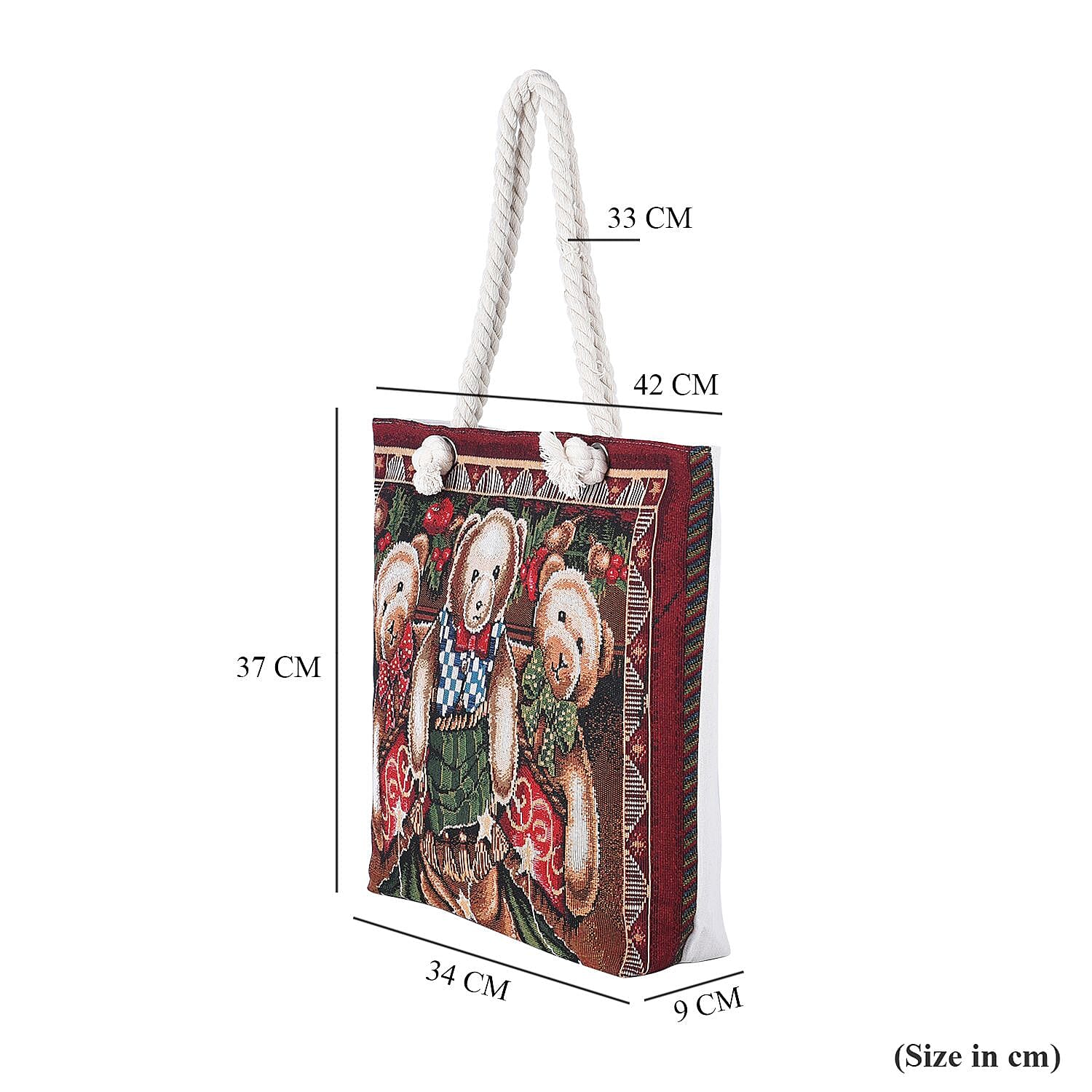 3 Bears Pattern Jute Tote Bag With Zipped Pockets & Handle Drop - Brown