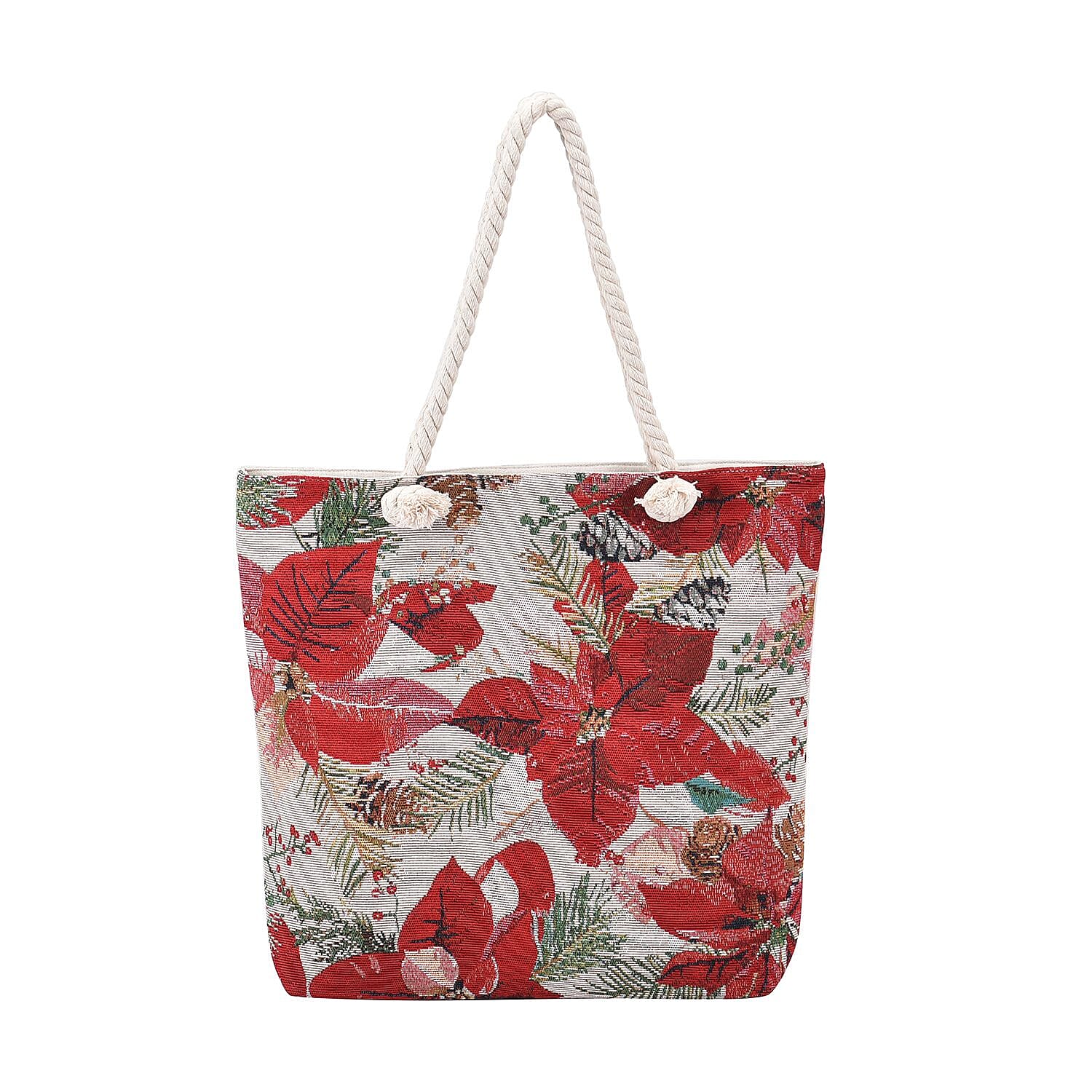 Christmas Floral Pattern Jute Tote Bag With Zipped Pockets & Handle Drop - White & Red