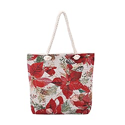 Christmas Floral Pattern Jute Tote Bag With Zipped Pockets & Handle Drop - White & Red