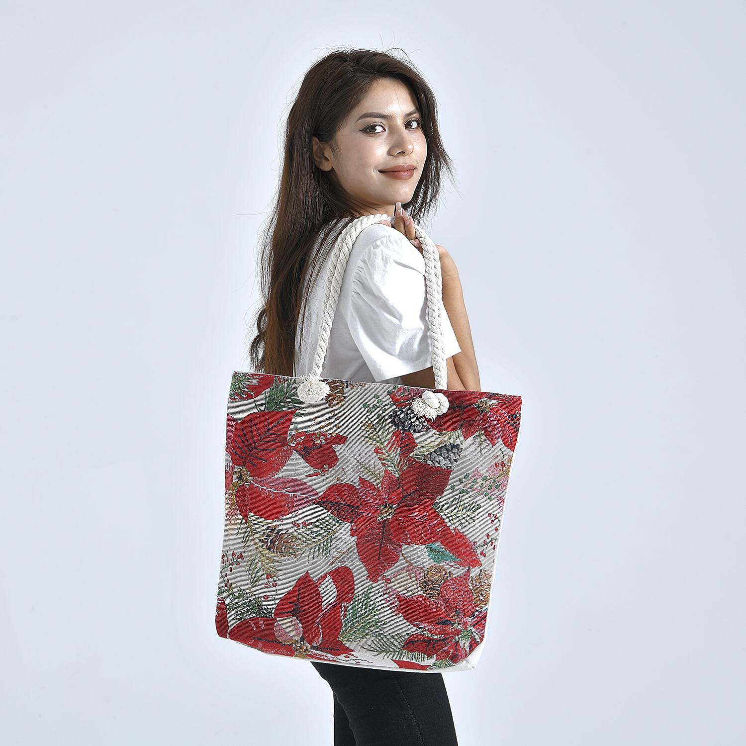 Christmas Floral Pattern Jute Tote Bag With Zipped Pockets & Handle Drop - White & Red