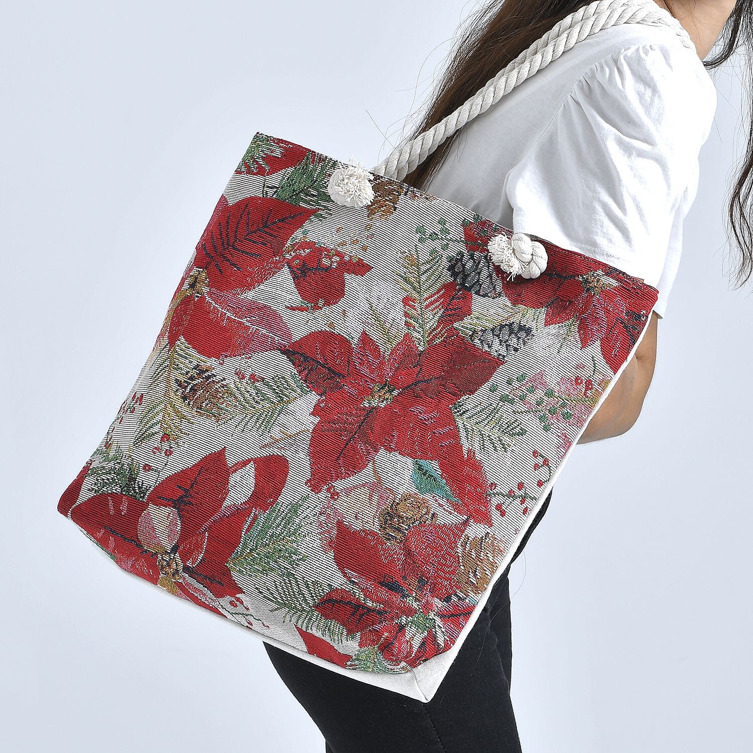 Christmas Floral Pattern Jute Tote Bag With Zipped Pockets & Handle Drop - White & Red