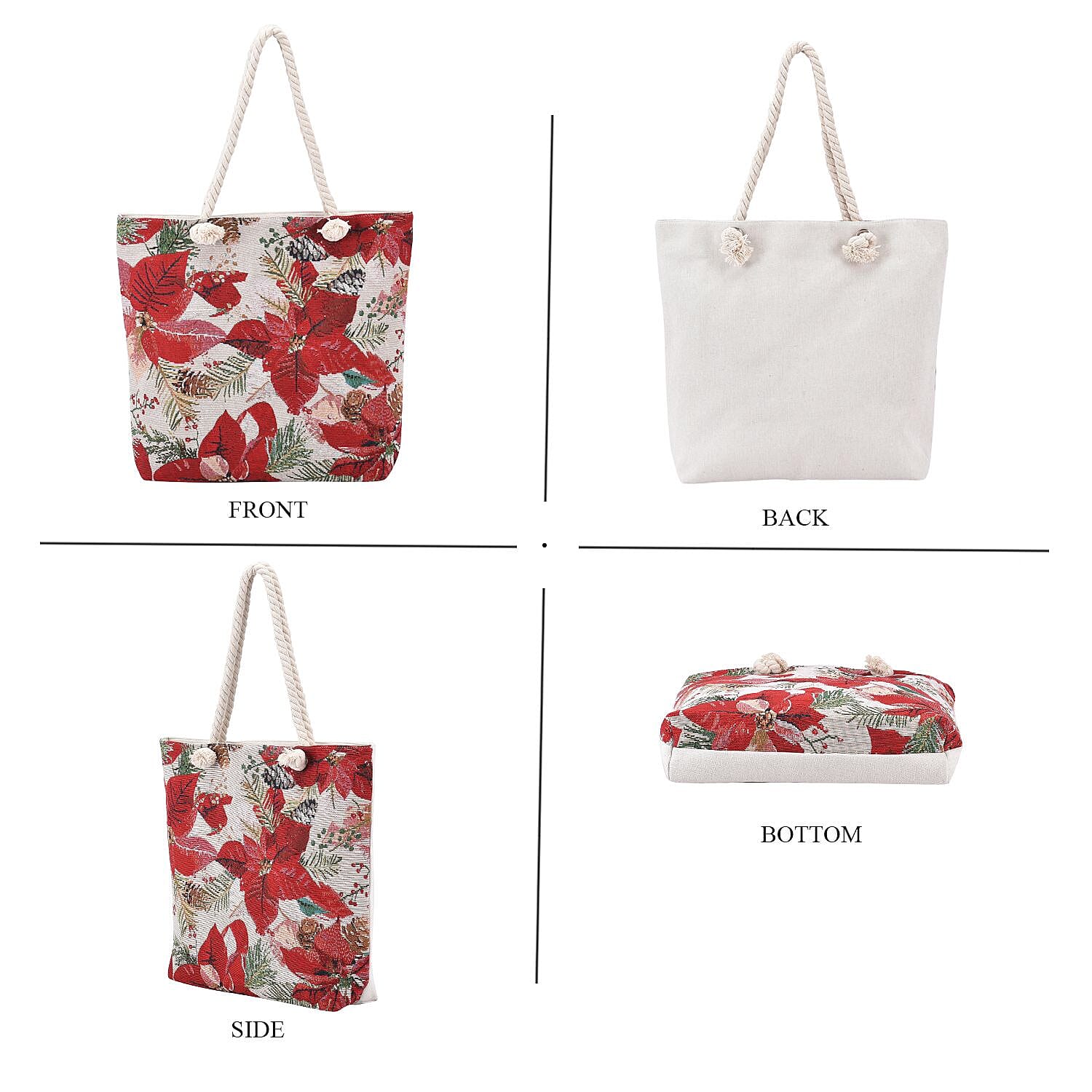 Christmas Floral Pattern Jute Tote Bag With Zipped Pockets & Handle Drop - White & Red