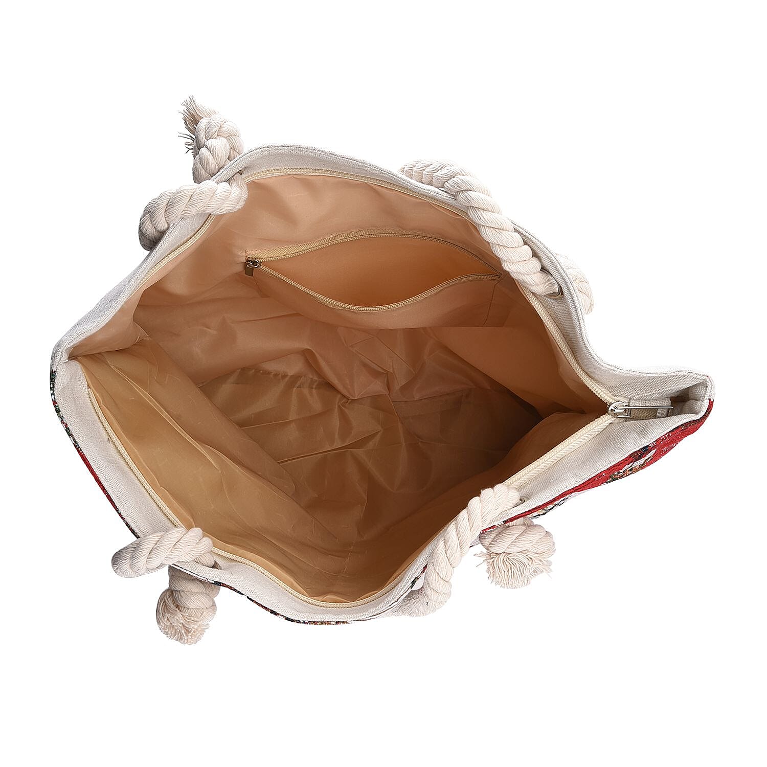 Christmas Floral Pattern Jute Tote Bag With Zipped Pockets & Handle Drop - White & Red