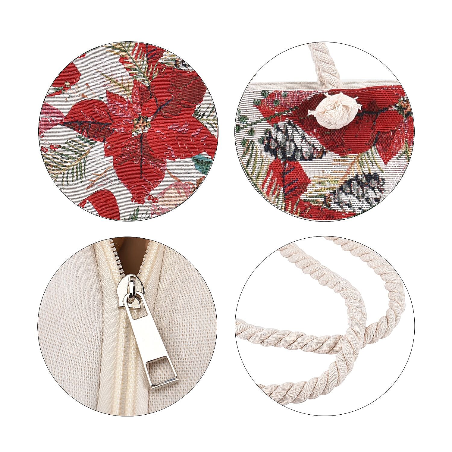 Christmas Floral Pattern Jute Tote Bag With Zipped Pockets & Handle Drop - White & Red