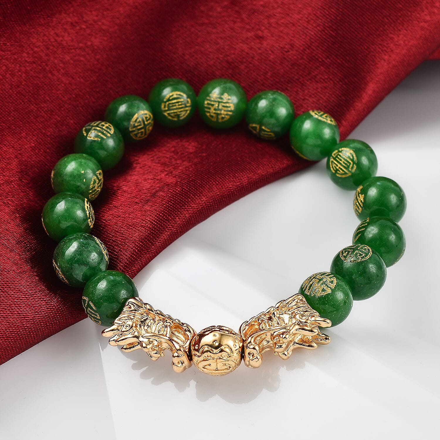 Green Jade Beads Feng Shui Dragon Adjustable Bracelet (9-10mm) in Yellow Gold Tone 105.00 Ct