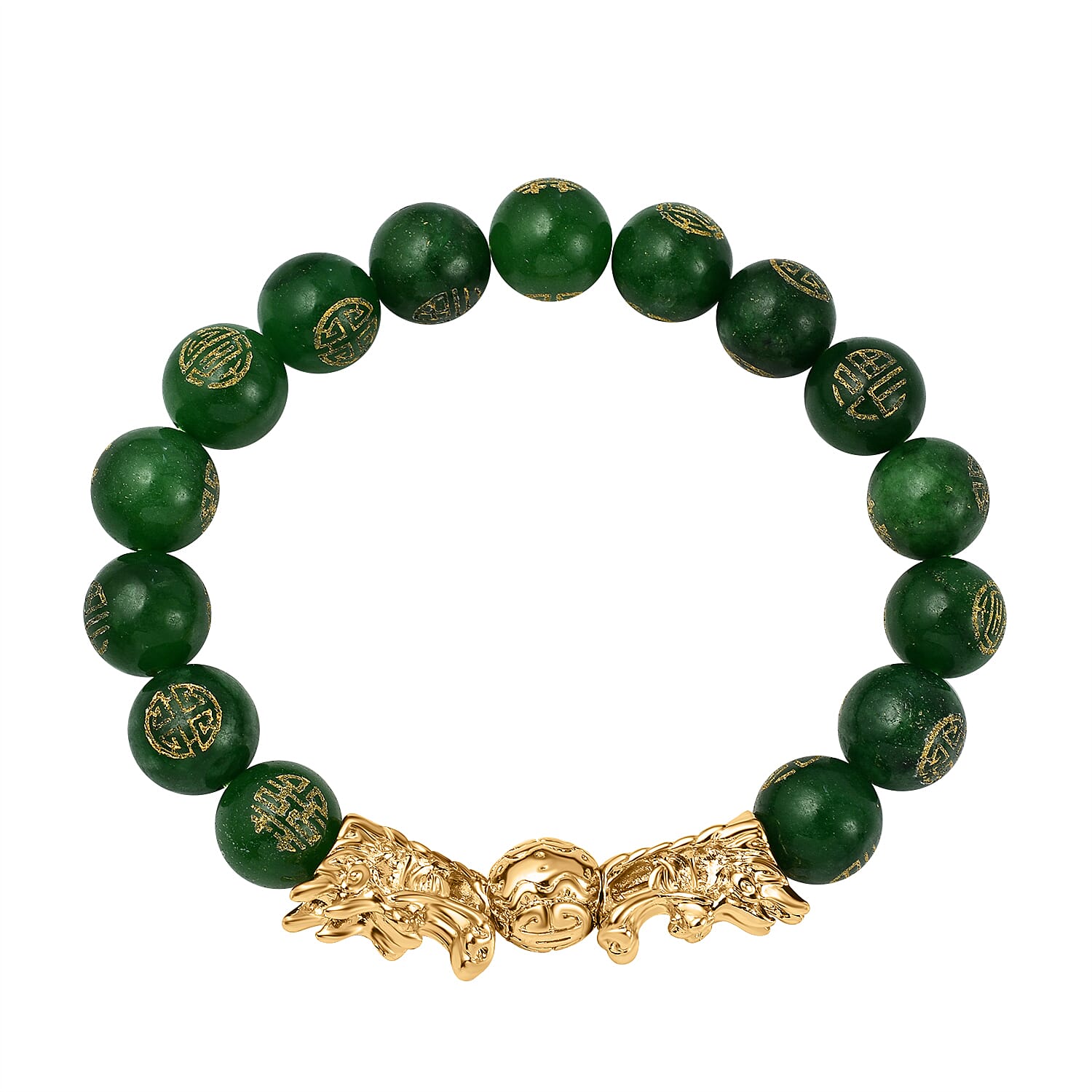 Green Jade Beads Feng Shui Dragon Adjustable Bracelet (9-10mm) in Yellow Gold Tone 105.00 Ct