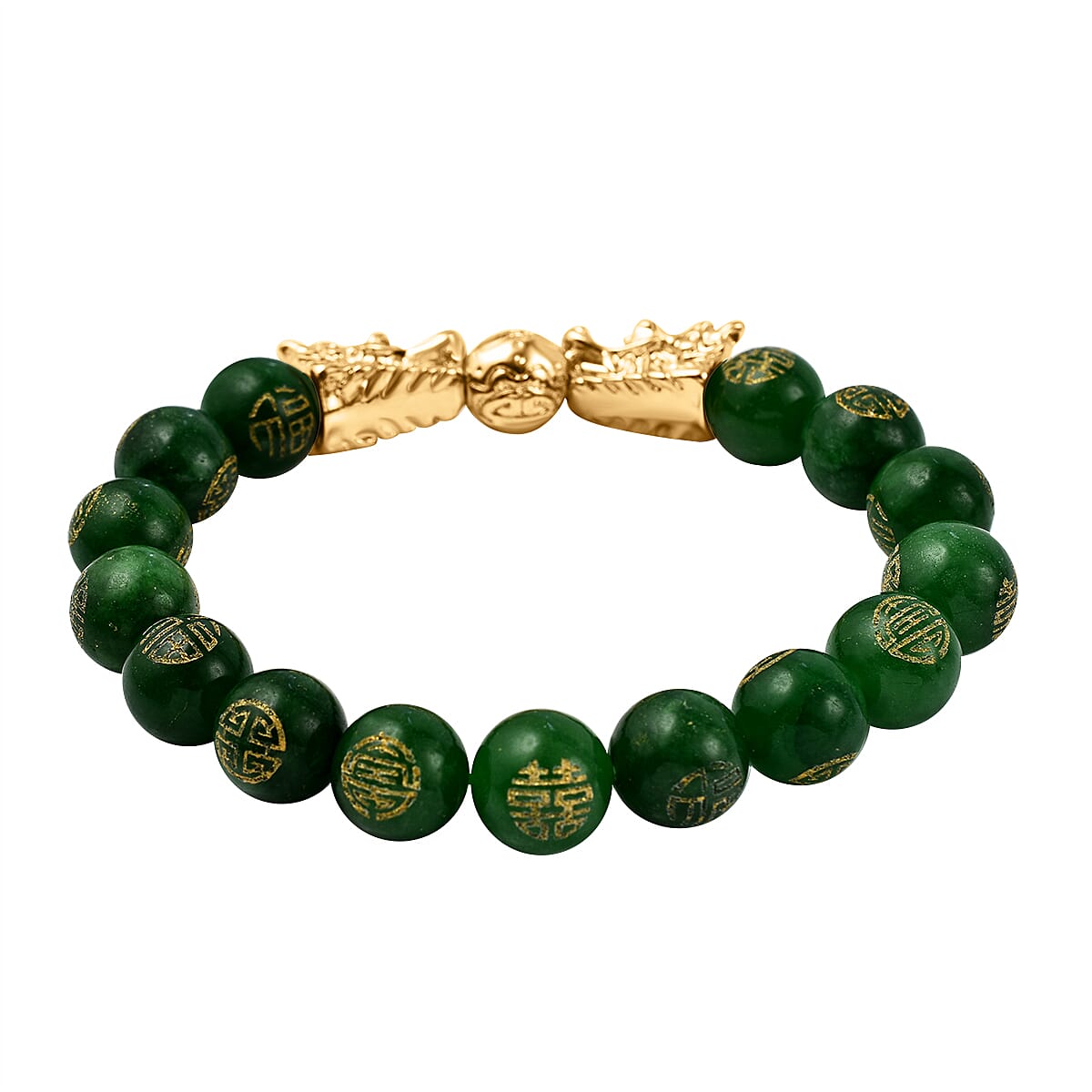 Green Jade Beads Feng Shui Dragon Adjustable Bracelet (9-10mm) in Yellow Gold Tone 105.00 Ct