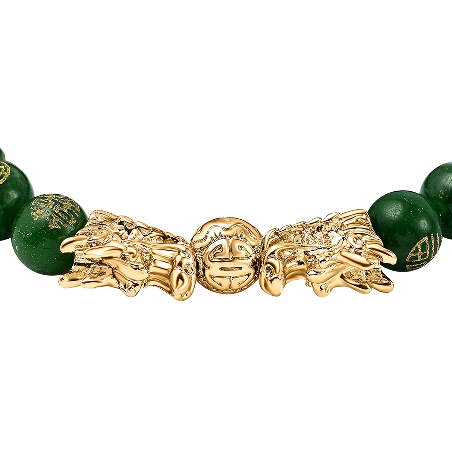 Green Jade Beads Feng Shui Dragon Adjustable Bracelet (9-10mm) in Yellow Gold Tone 105.00 Ct