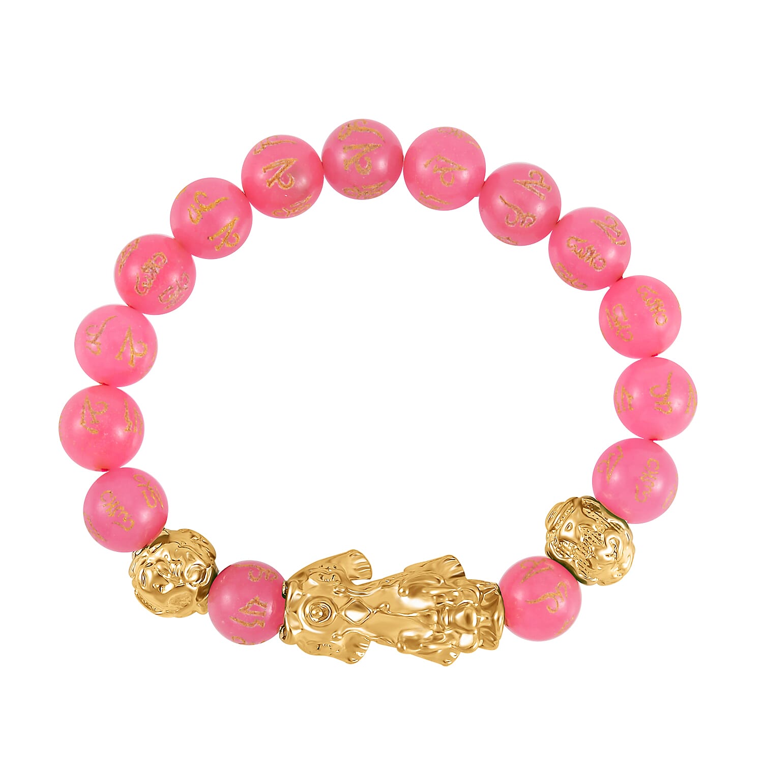 Pink Jade Beads Bracelet 102.70 Ct with Feng Shui and PiXiu in Yellow Gold Tone 7595870 TJC