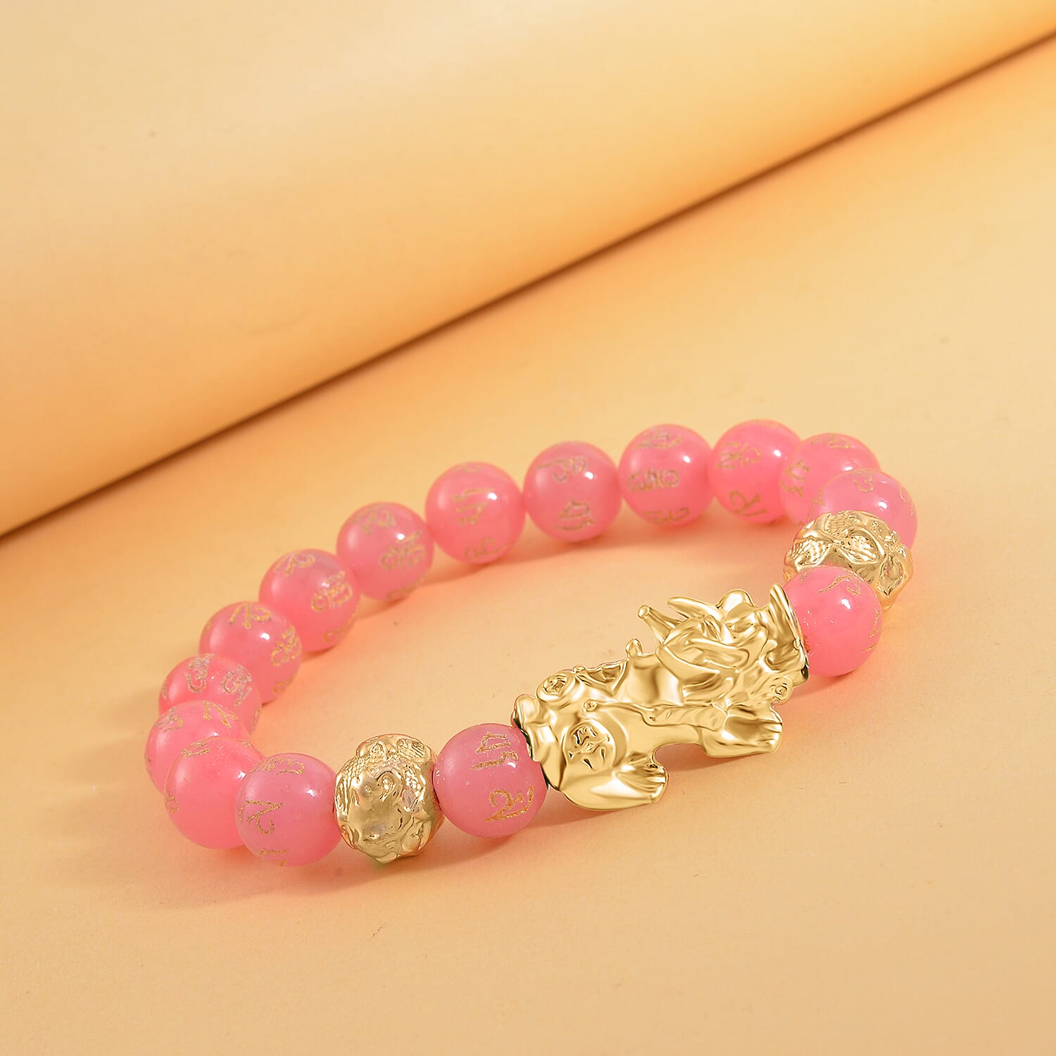 Pink Jade Beads Bracelet 102.70 Ct with Feng Shui and PiXiu in Yellow Gold Tone