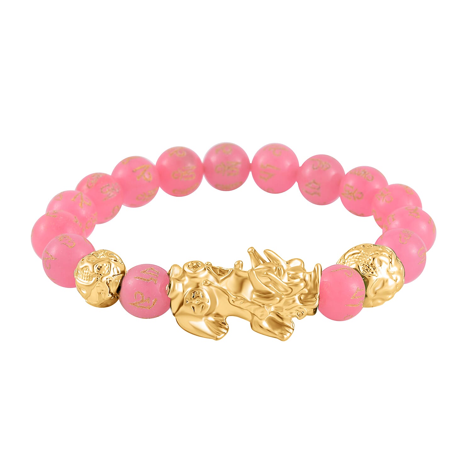 Pink Jade Beads Bracelet 102.70 Ct with Feng Shui and PiXiu in Yellow Gold Tone