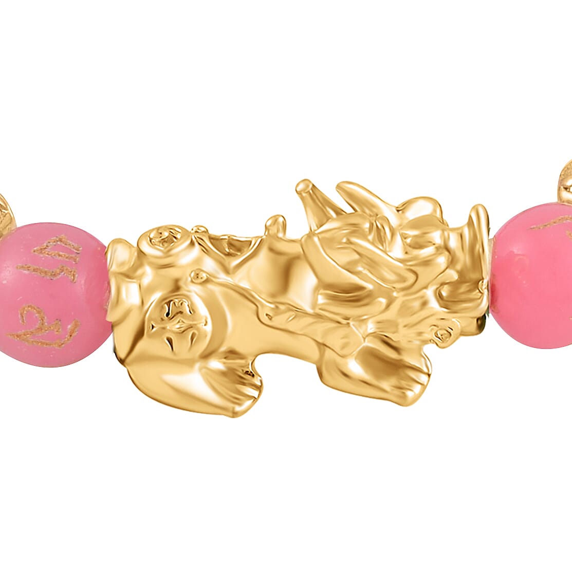 Pink Jade Beads Bracelet 102.70 Ct with Feng Shui and PiXiu in Yellow Gold Tone