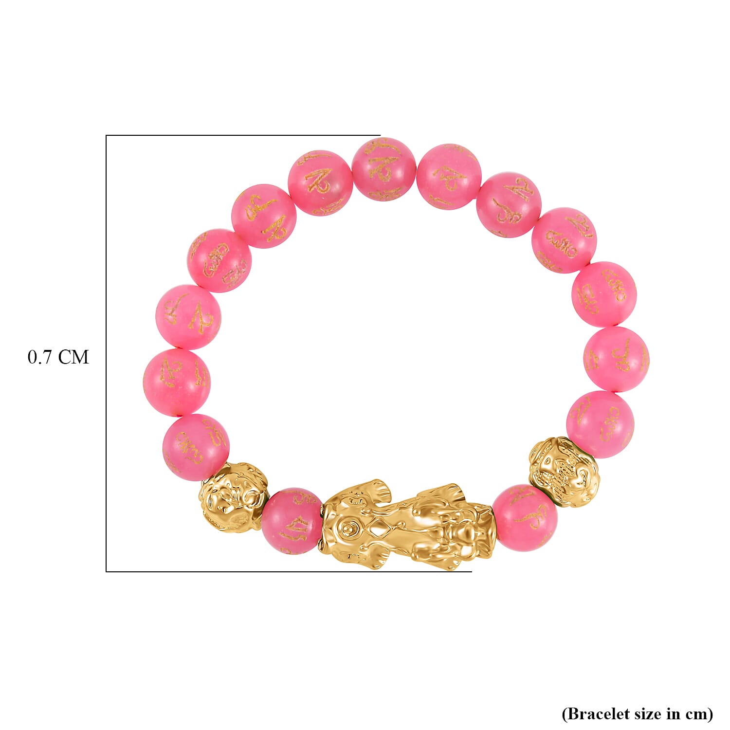 Pink Jade Beads Bracelet 102.70 Ct with Feng Shui and PiXiu in Yellow Gold Tone