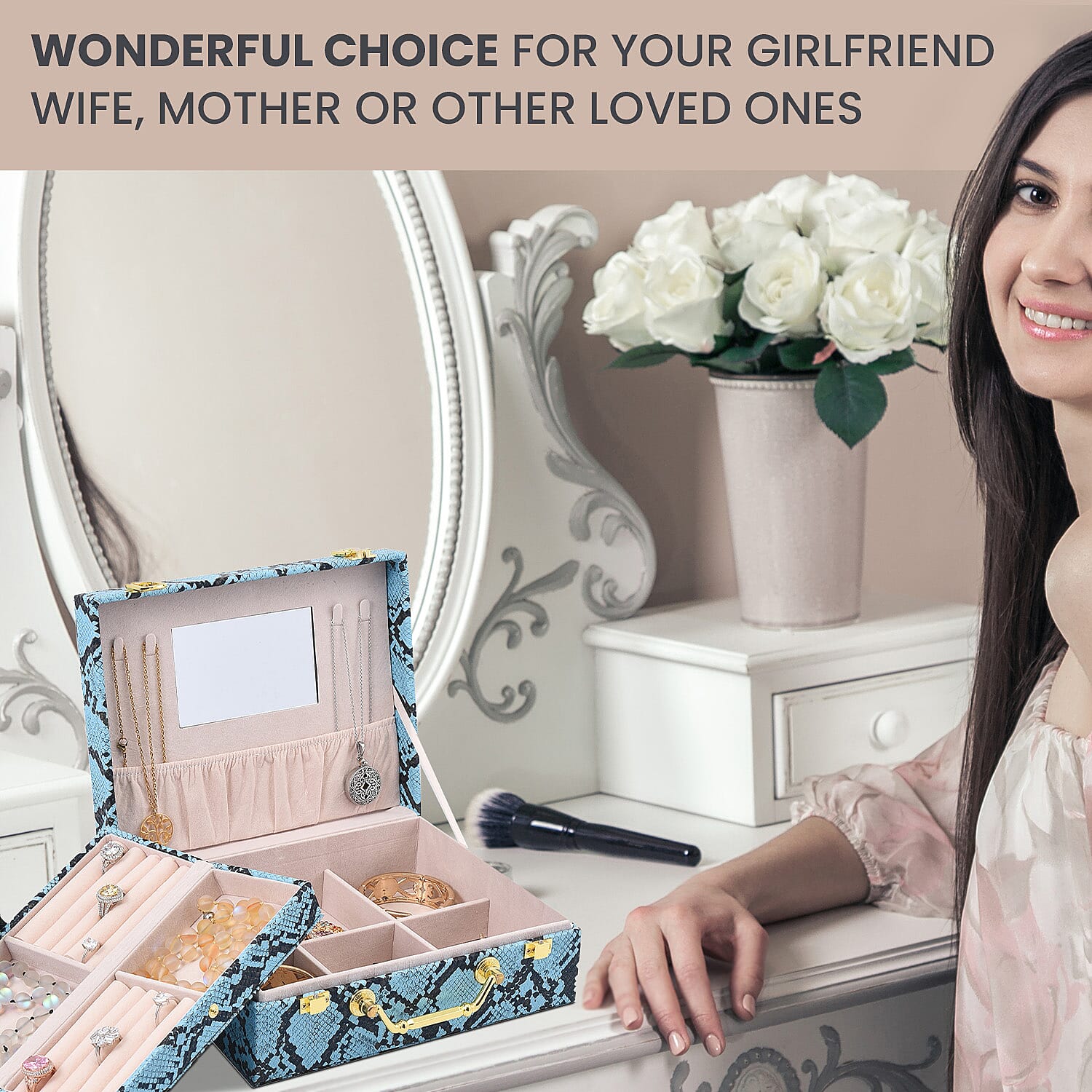 Set of 2 - PU Snake Skin Pattern Jewellery Box, Large , Small Box - Blue