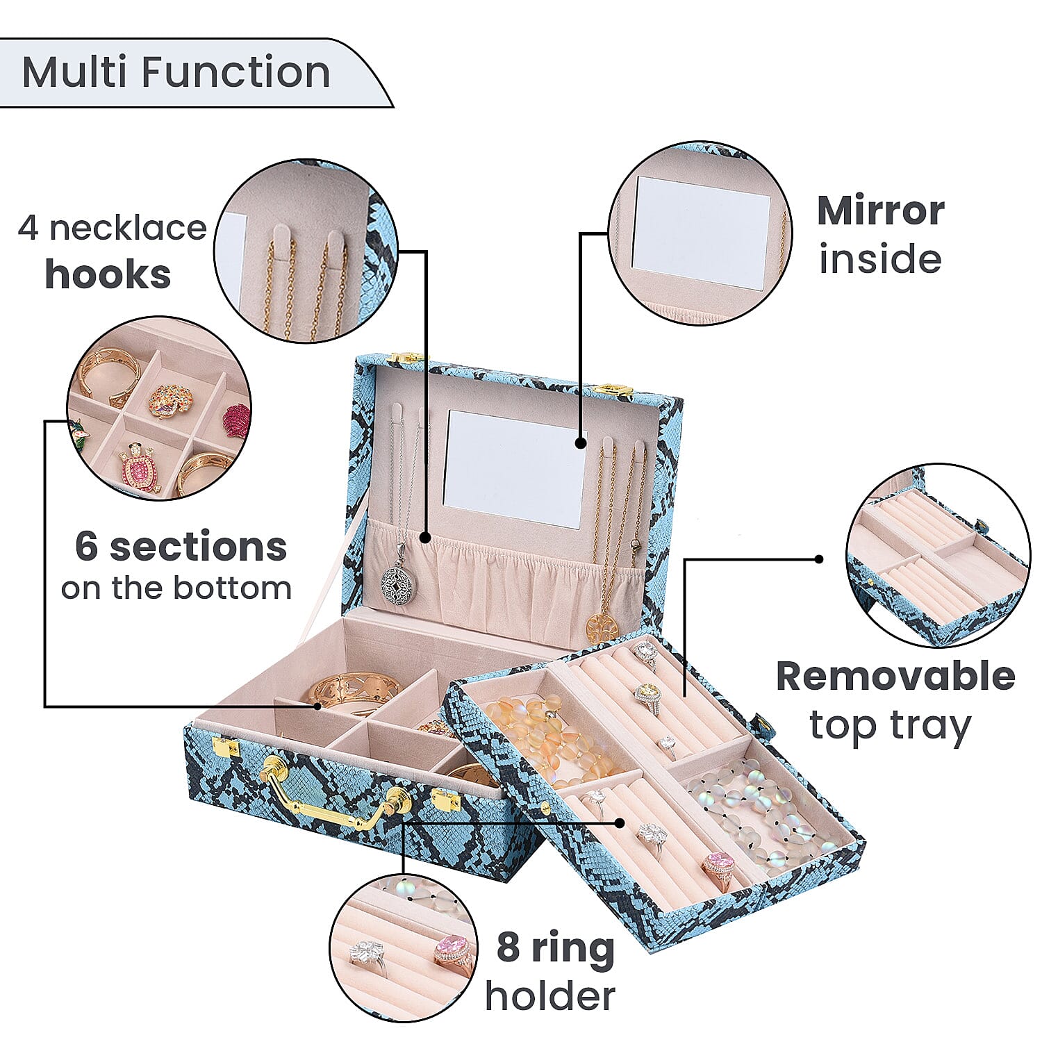 Set of 2 - PU Snake Skin Pattern Jewellery Box, Large , Small Box - Blue