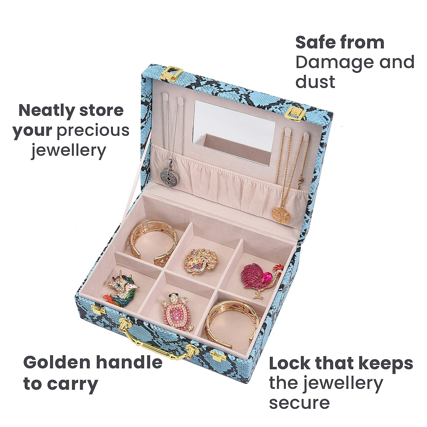 Set of 2 - PU Snake Skin Pattern Jewellery Box, Large , Small Box - Blue