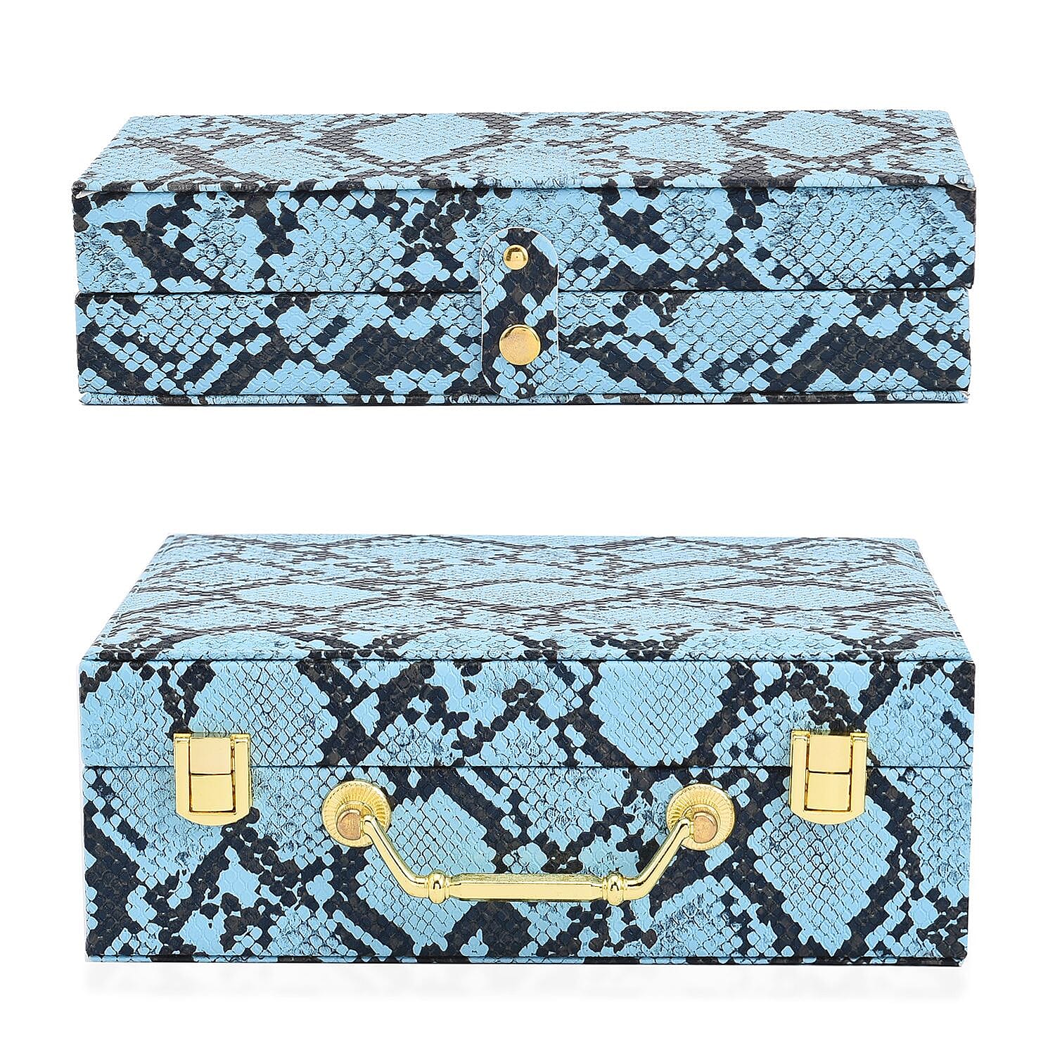 Set of 2 - PU Snake Skin Pattern Jewellery Box, Large , Small Box - Blue