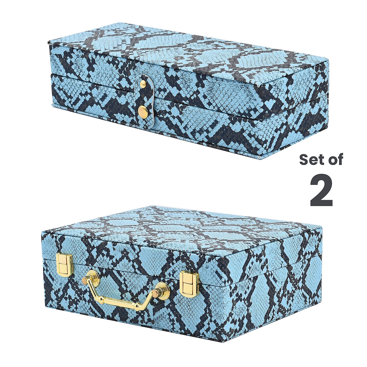 Set of 2 - PU Snake Skin Pattern Jewellery Box, Large , Small Box - Blue