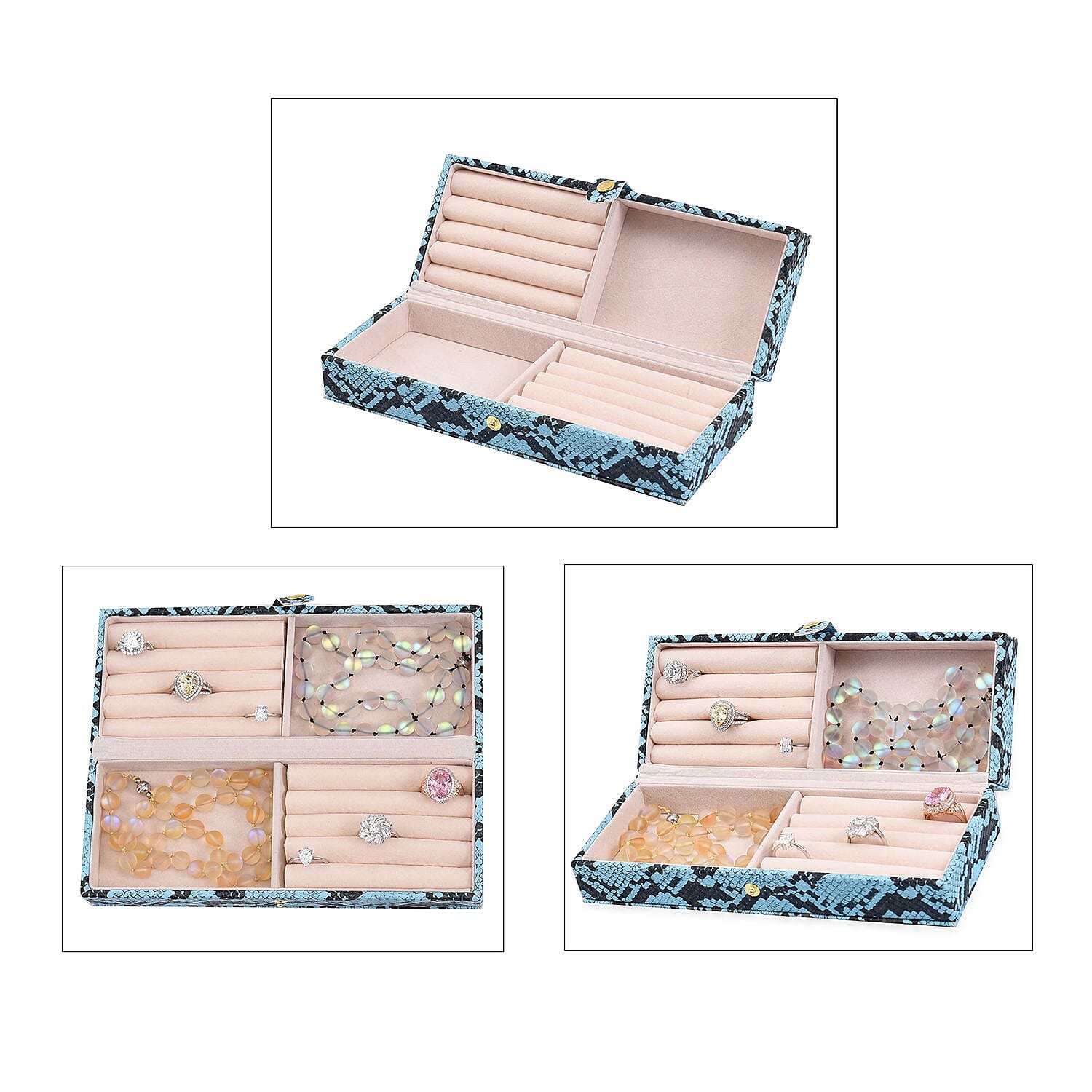 Set of 2 - PU Snake Skin Pattern Jewellery Box, Large , Small Box - Blue