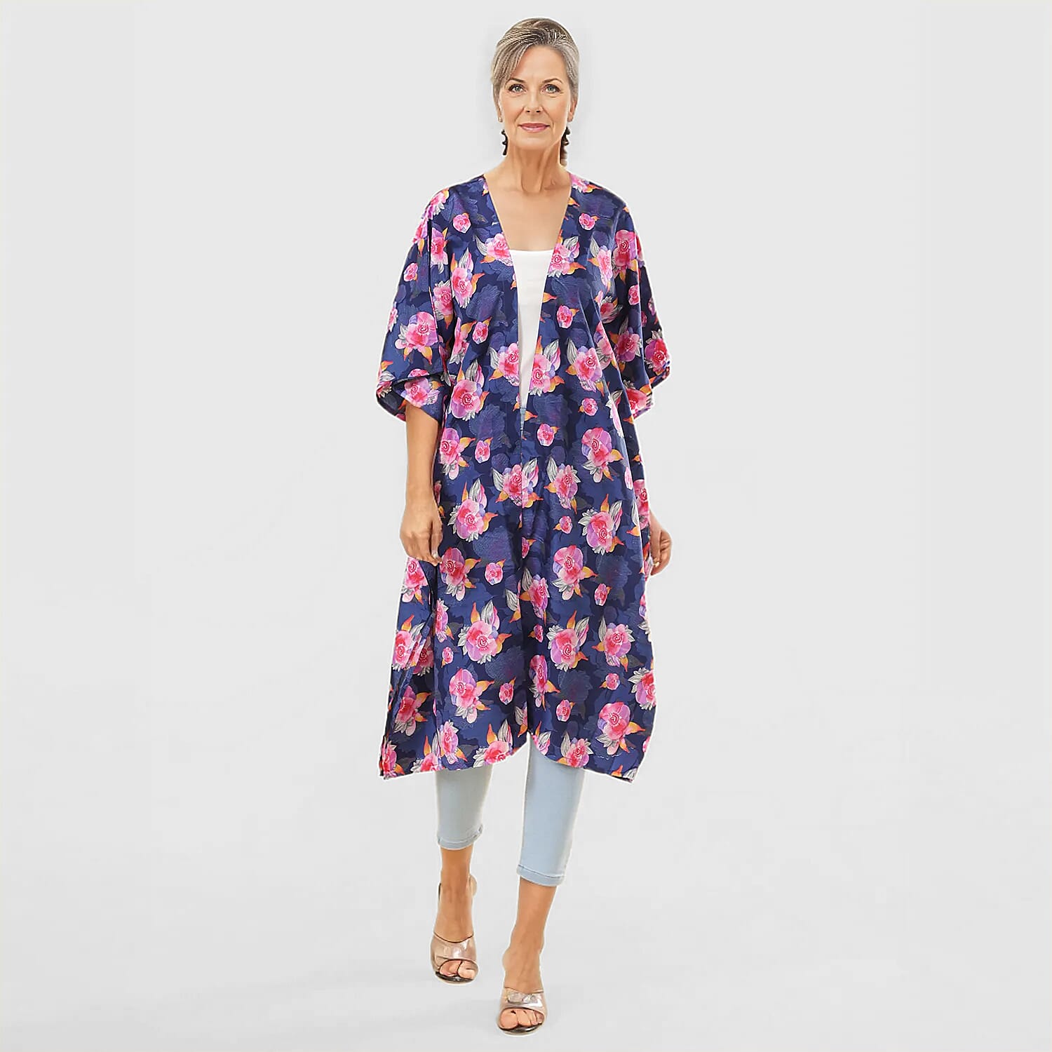 TAMSY Floral Pattern Kimono (One Size) - Blue and Multi