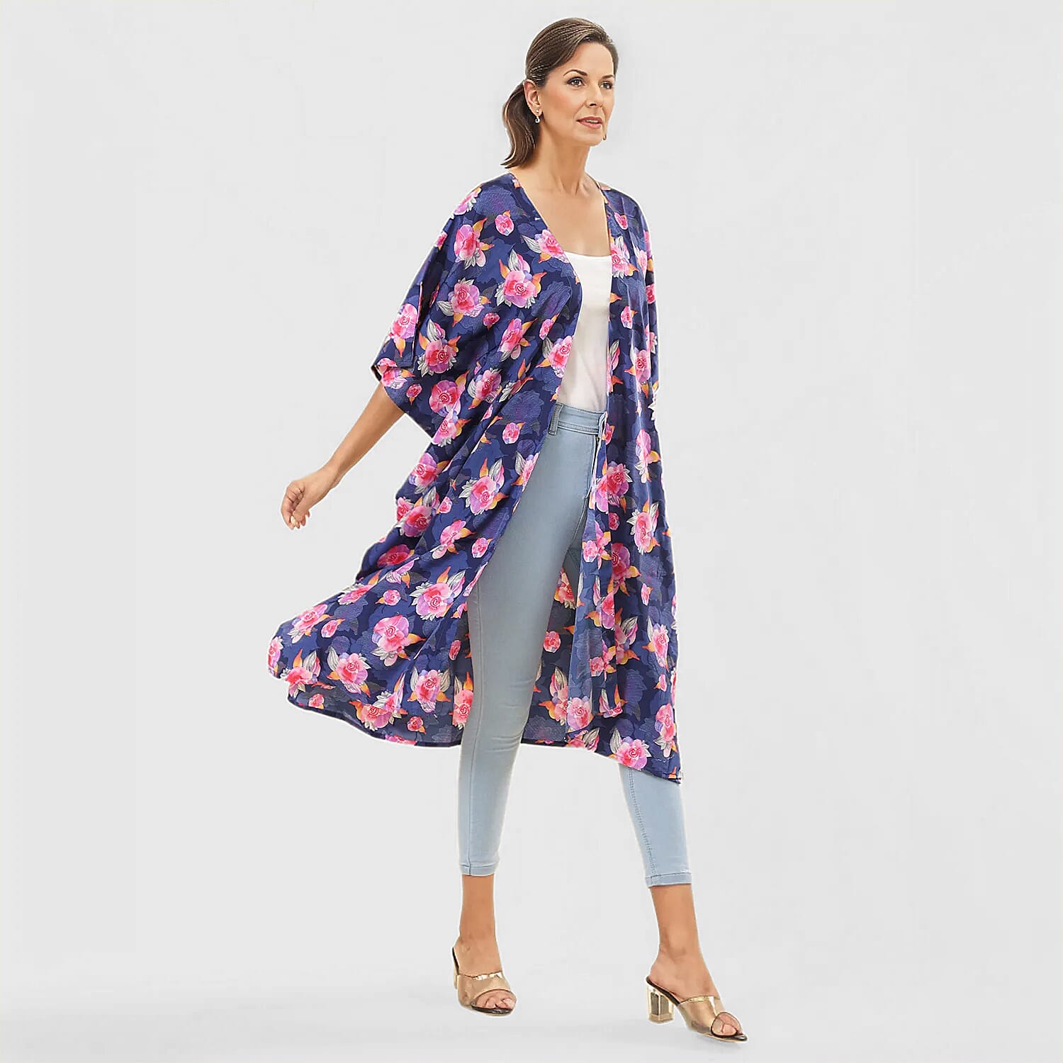 TAMSY Floral Pattern Kimono (One Size) - Blue and Multi