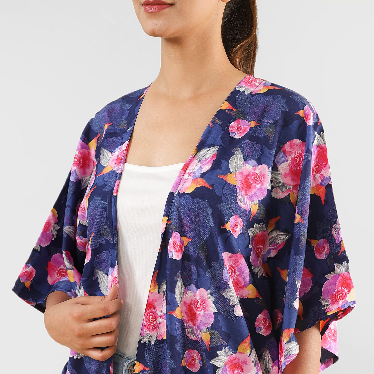 TAMSY Floral Pattern Kimono (One Size) - Blue and Multi