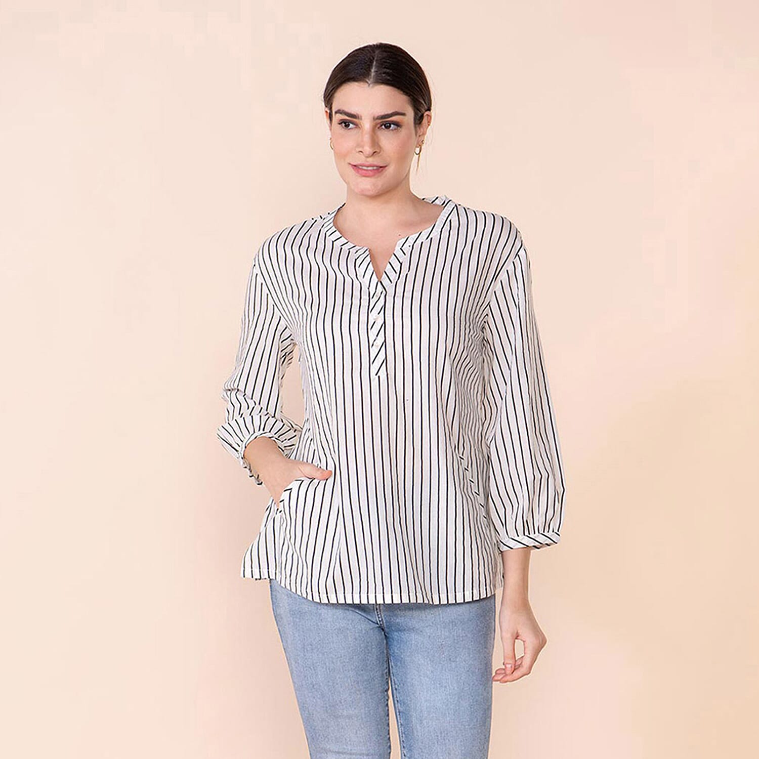 TAMSY 100% Cotton Vertical Stripe Pattern Shirt (Size L,16-18) - Black & White