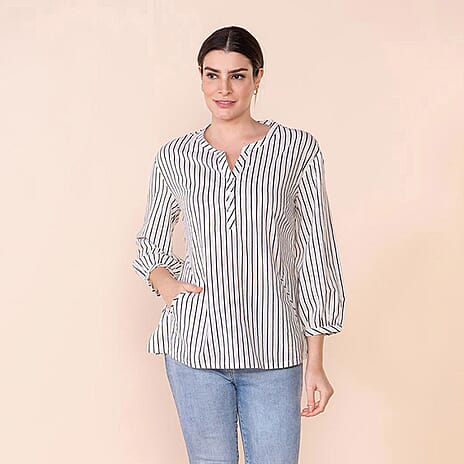 TAMSY 100% Cotton Vertical Stripe Pattern Shirt (Size L,16-18) - Black & White